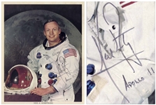 Neil Armstrong Signed 8 x 10 Photo in His White Spacesuit, Without Inscription -- Armstrong Also Writes His Mission Apollo 11 Below His Name -- With Steve Zarelli COA